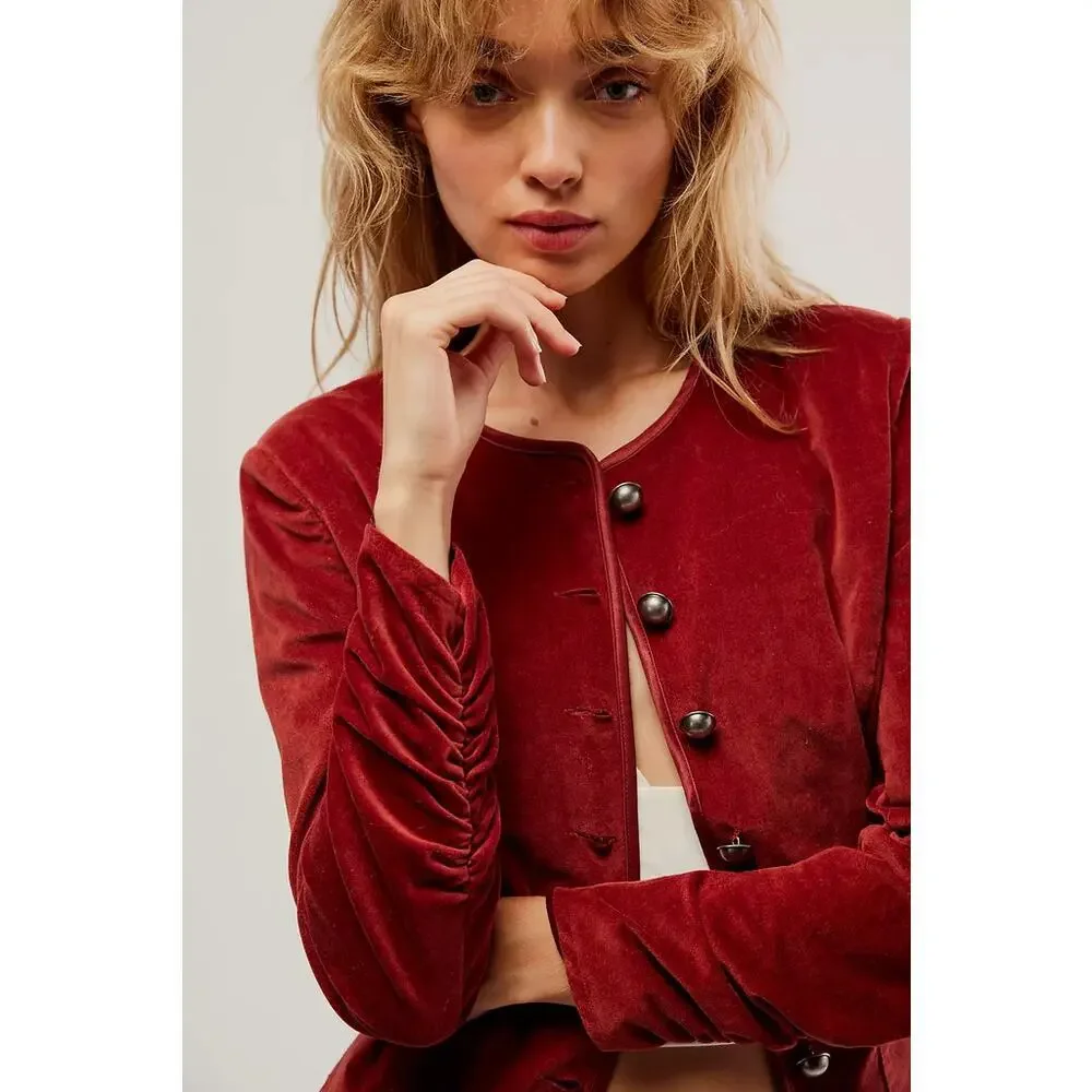 Free People We the Free Becky Stretch Velvet Jacket in Garnet Grotto - xs